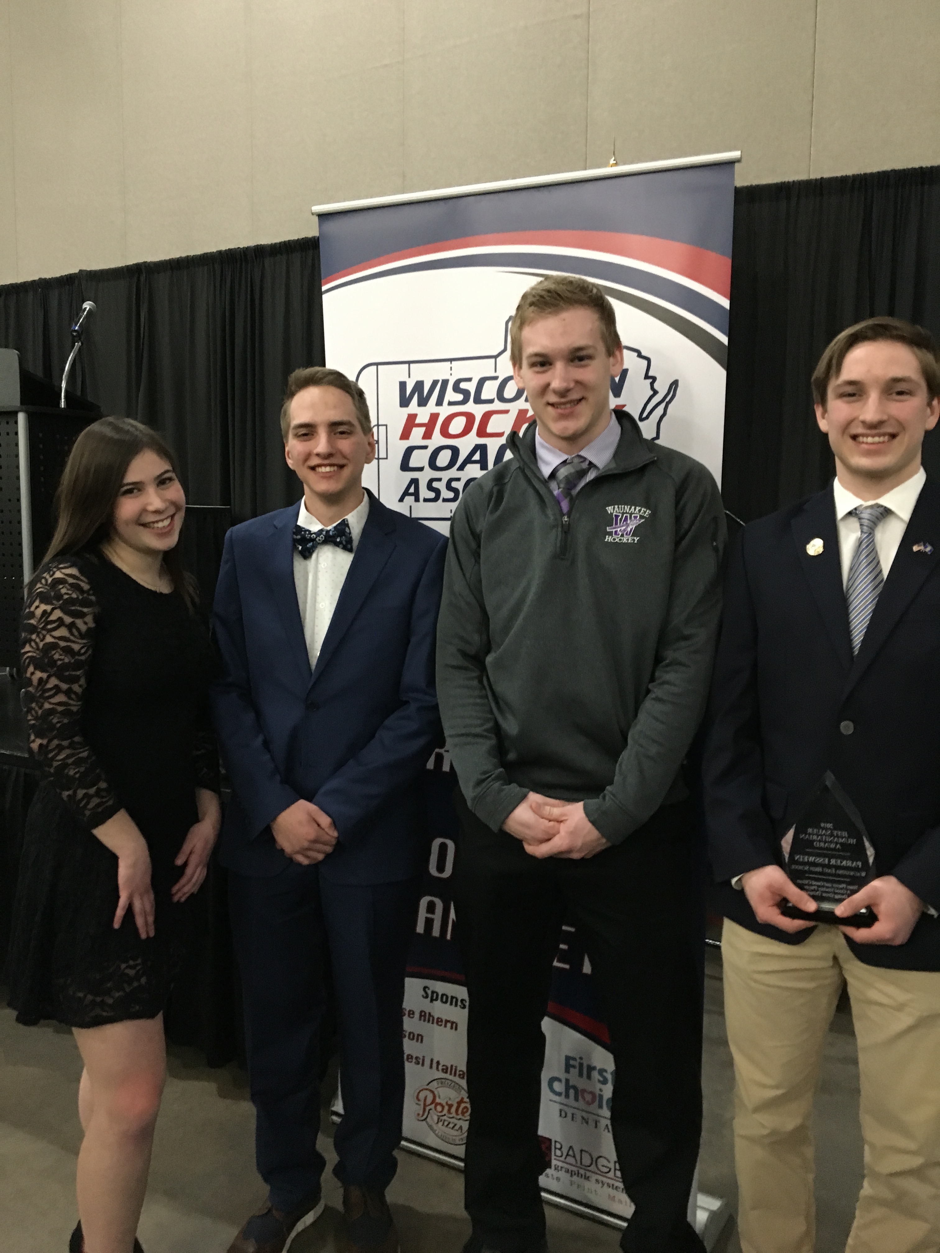 2019 Jeff Sauer Award finalists from left to right: Haley Meskin (Madison West HS/Metro Lynx), Luke Trittelwitz (Grantsburg HS/WSFLG Blizzard), Dane Luebke (Wanuakee HS), and our winner, Parker Esswein (Wauwatosa East HS/Brookfield Stars)