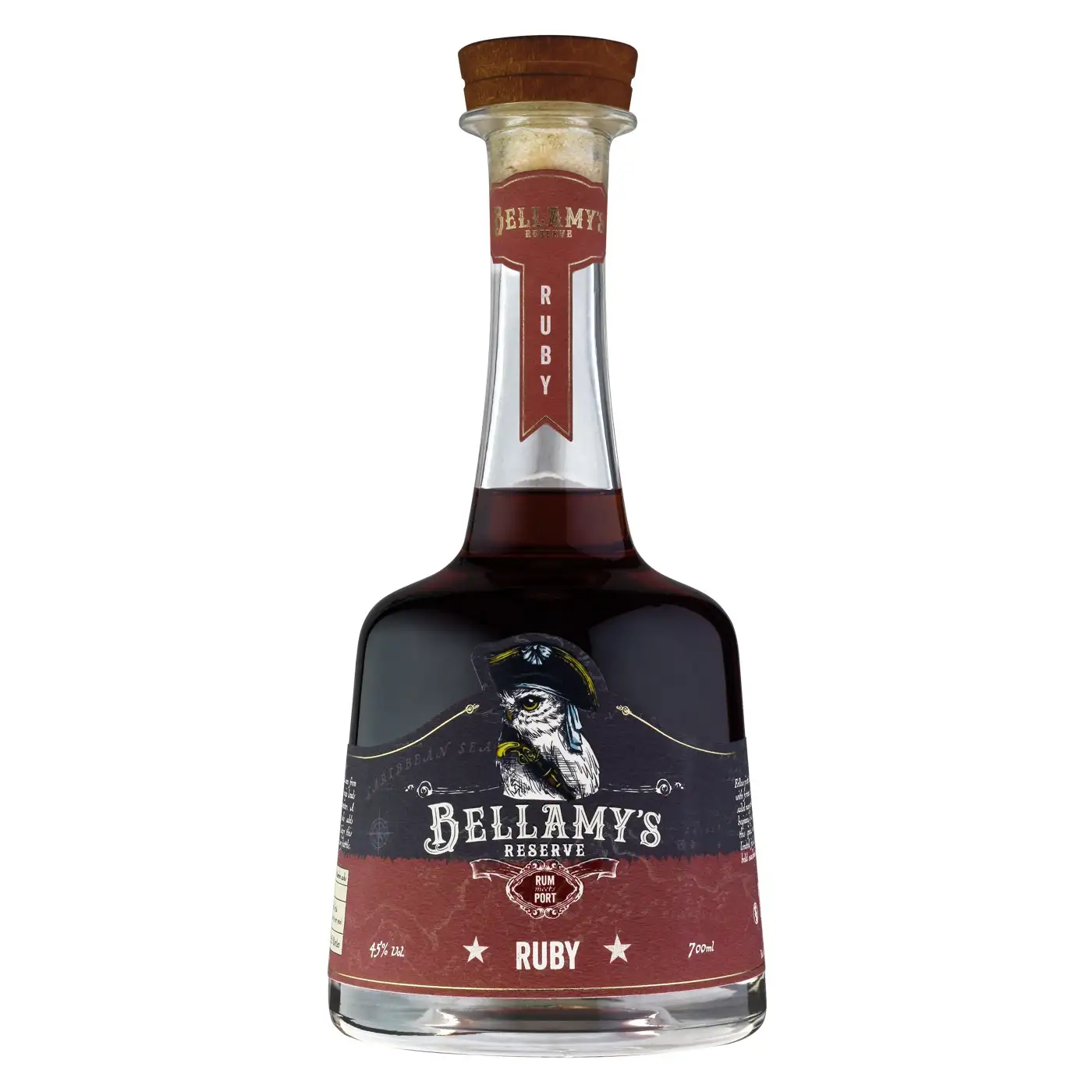Image of the front of the bottle of the rum Bellamy‘s Reserve Ruby Rum Meets Port