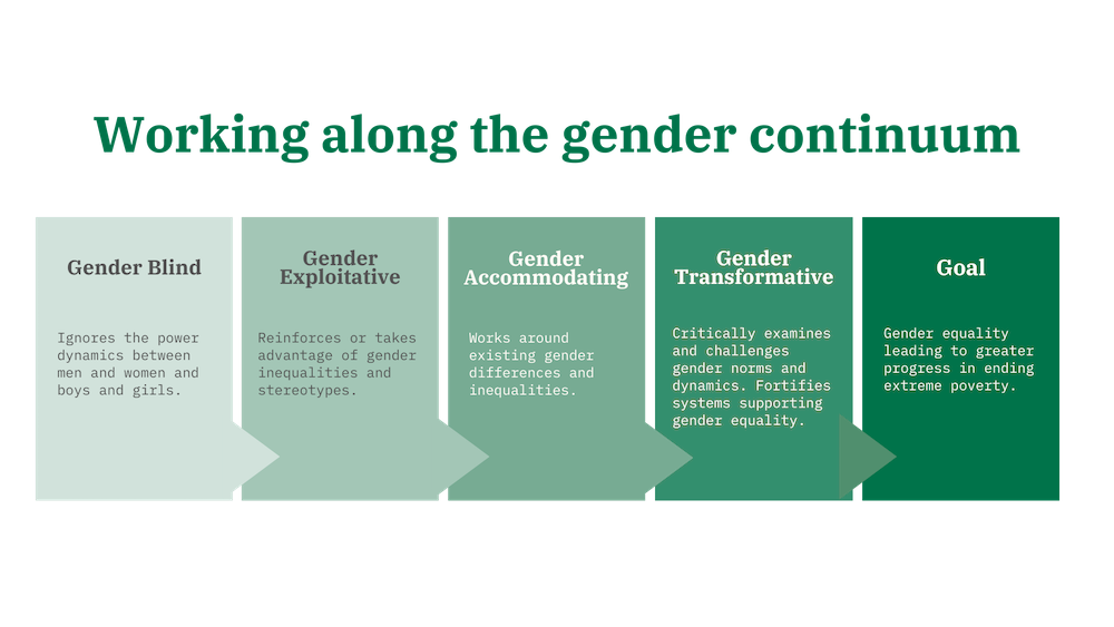 Diagram showing the gender continuum, beginning with gender blind programming and ending with gender equality/gender-transformative programming