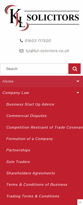 KJL Solicitors website frontpage on a mobile