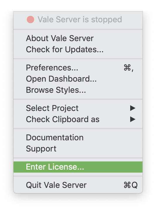 A screenshot of Vale Server's 'Enter License' option.