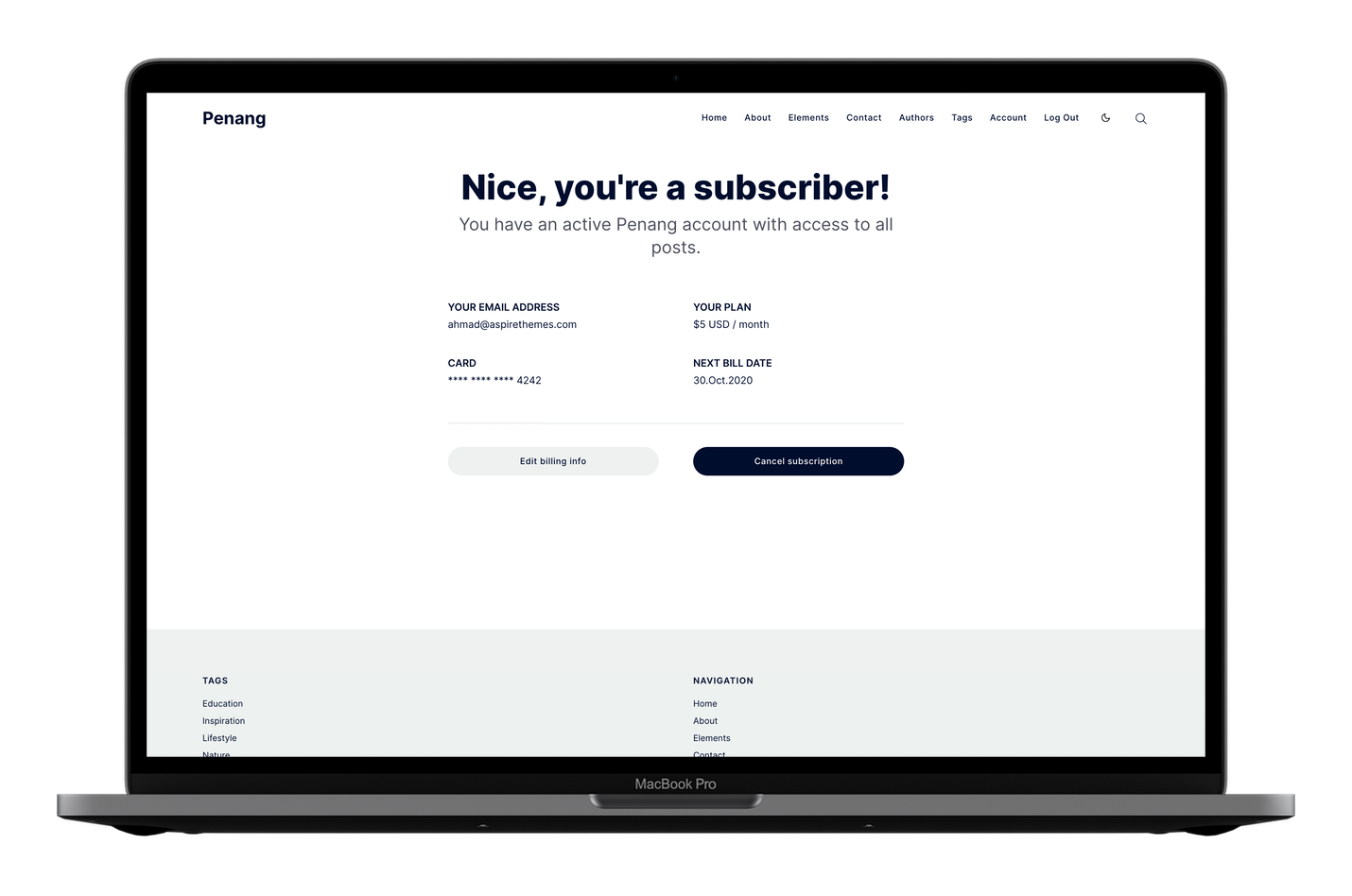 Penang Ghost CMS Theme Account Page