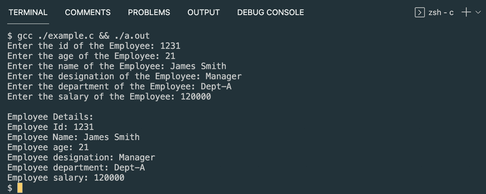 C store and display employee details using structure