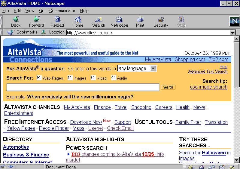 Netscape (a browser nobody remembers now) displaying Altavista.