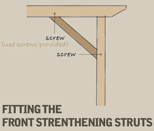 A diagram displaying how to fit the diagonal strengthening struts to the post and main beam at a 45 degree angle