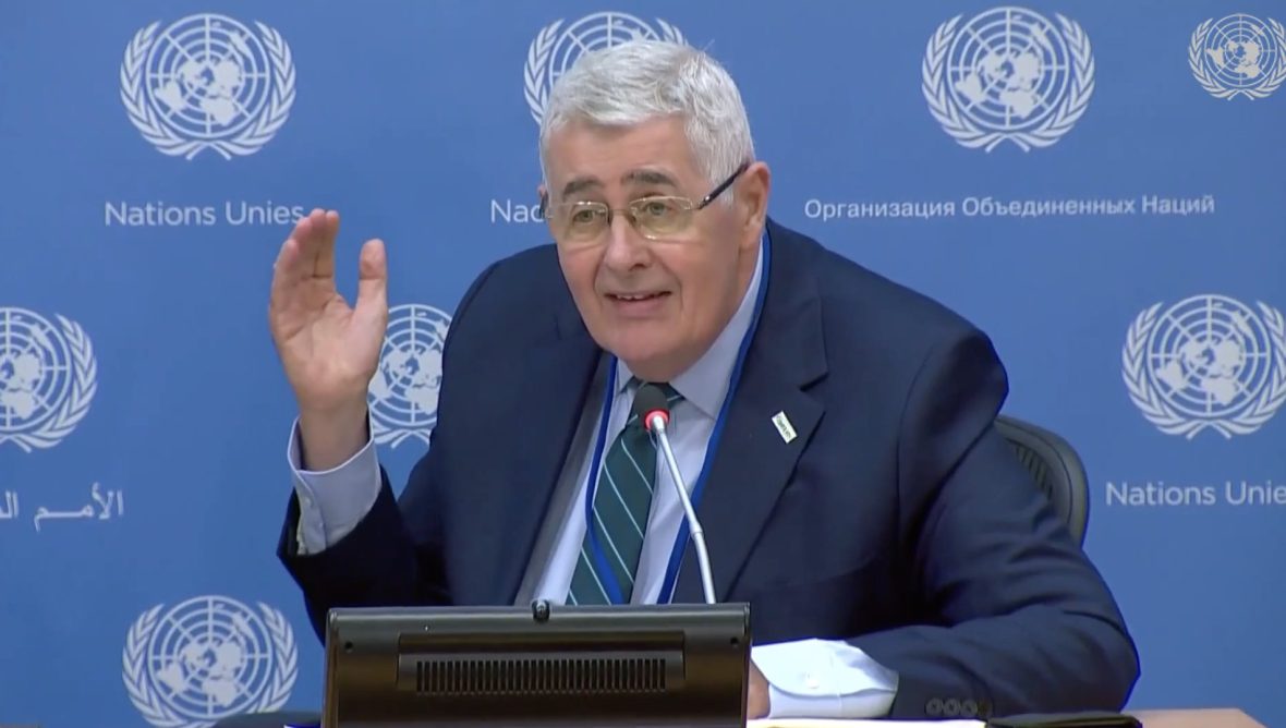 Dominic MacSorley speaking at a UN press conference on Haiti