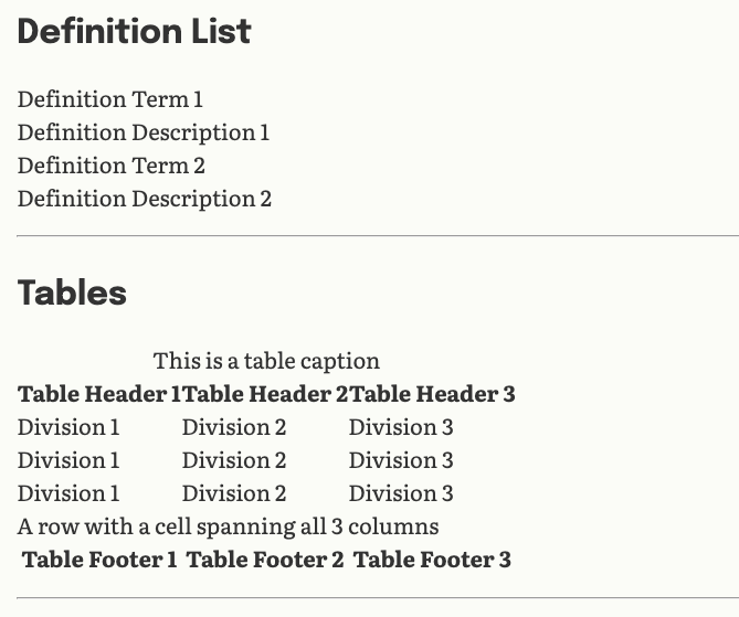 definition list and table styles