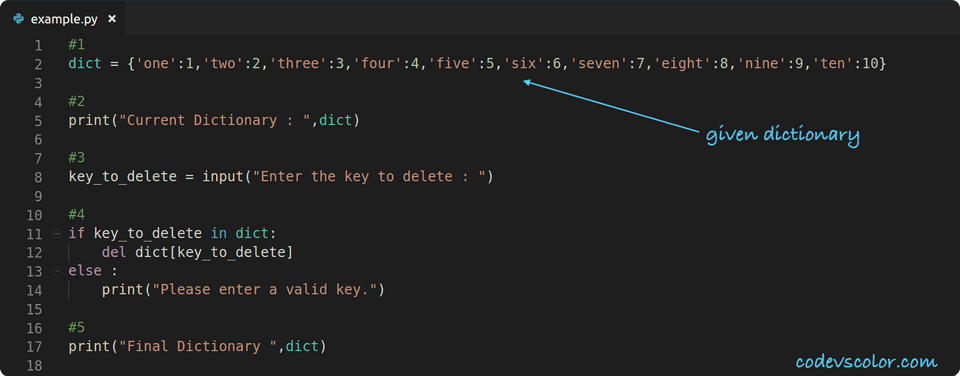 How to delete a key from a python dictionary CodeVsColor