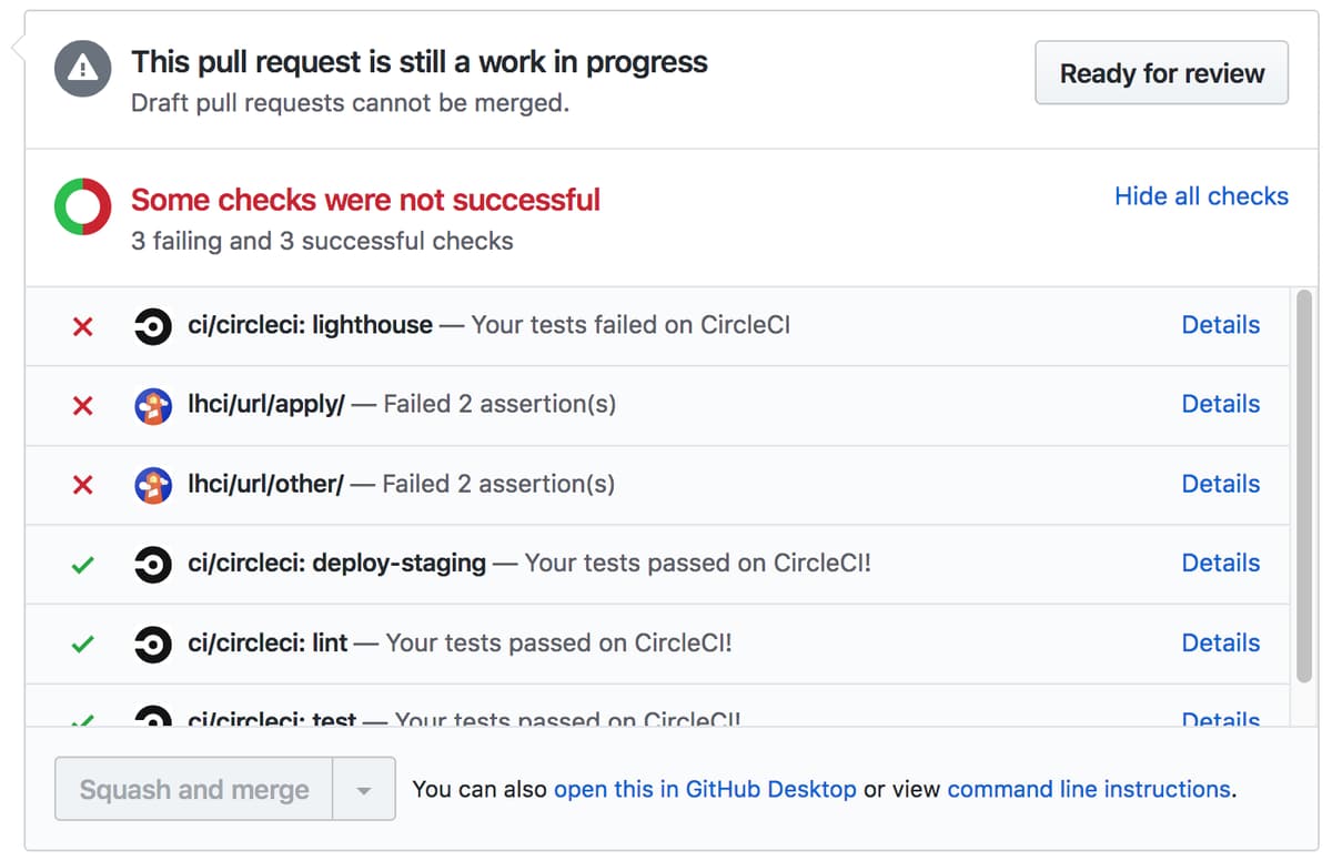 A screen shot from GitHub's user interfaces showing failing tests using Lighthouse CI.