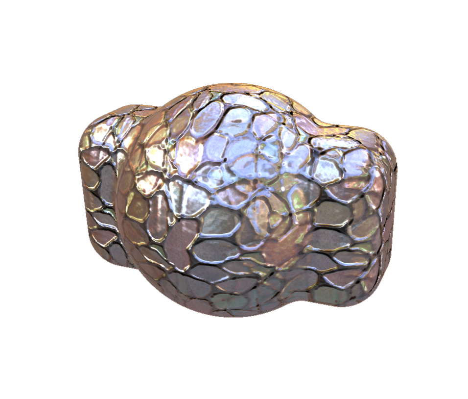 A 3D model of a sphere morphed with a cube with a texture projected on the surface that has rootlike patterns and an iridescent sheen.