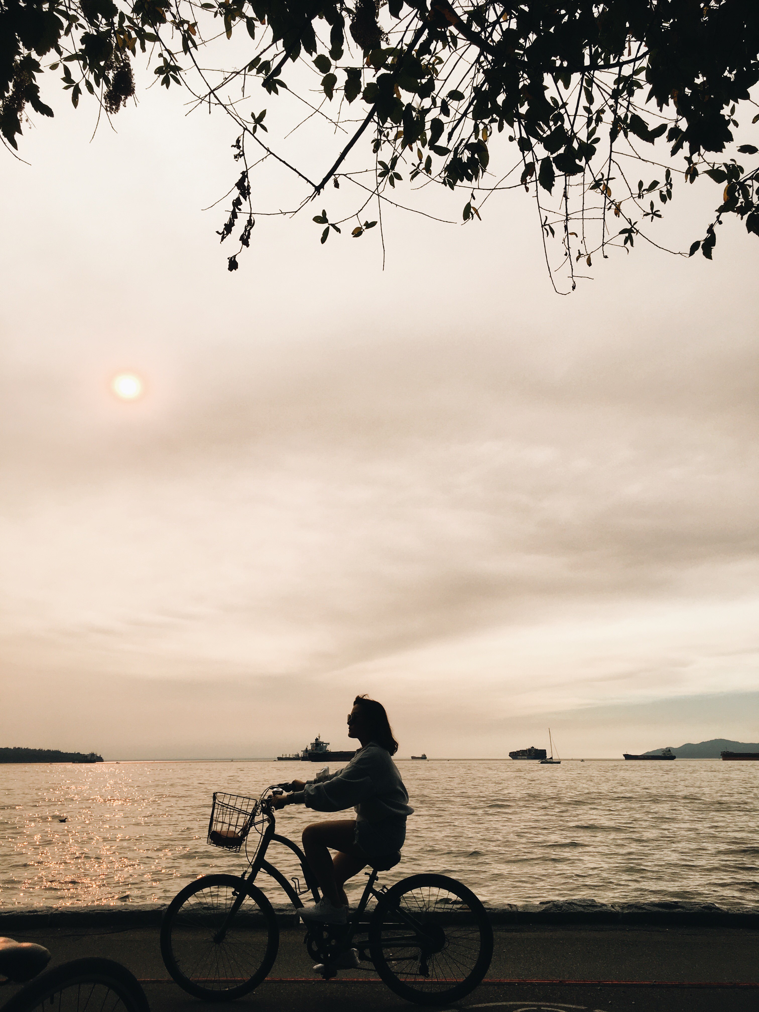 Silhouette of a woman biking by the water. The sky is cloudy and orange with smoke.