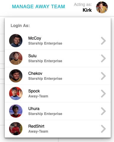 Screenshot of sample app showing list of crew members the app can log in as Screenshot of sample app showing list of crew members the app can log in as