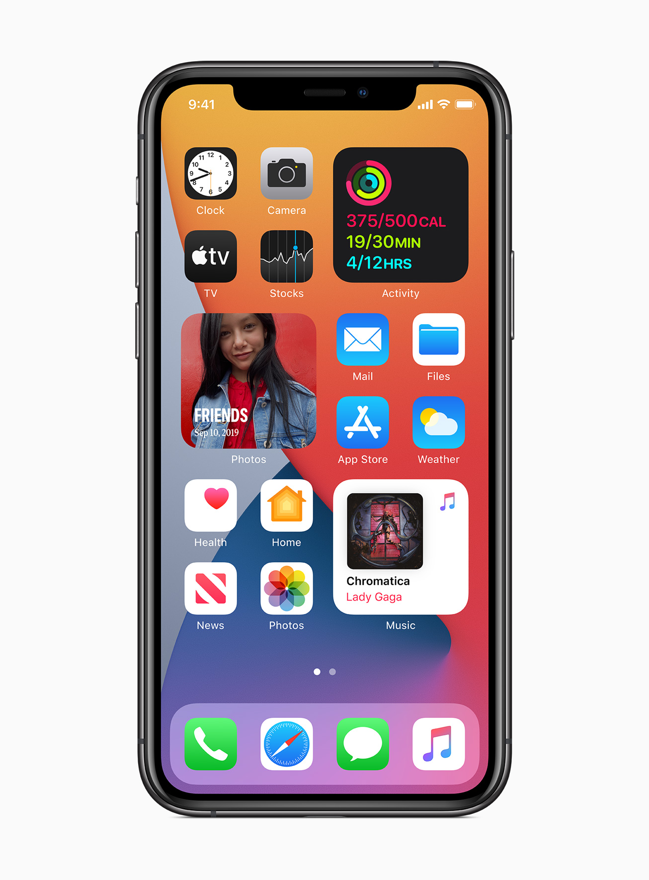 Image of redesigned widgets in iOS 14, each app widget or folder shown on a red and purple background.