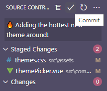 A commit message and the checkmark highlighted to show how to commit changes