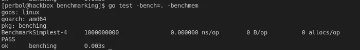 Adding the ‘-benchmem’ flag adds B/op and allocs/op