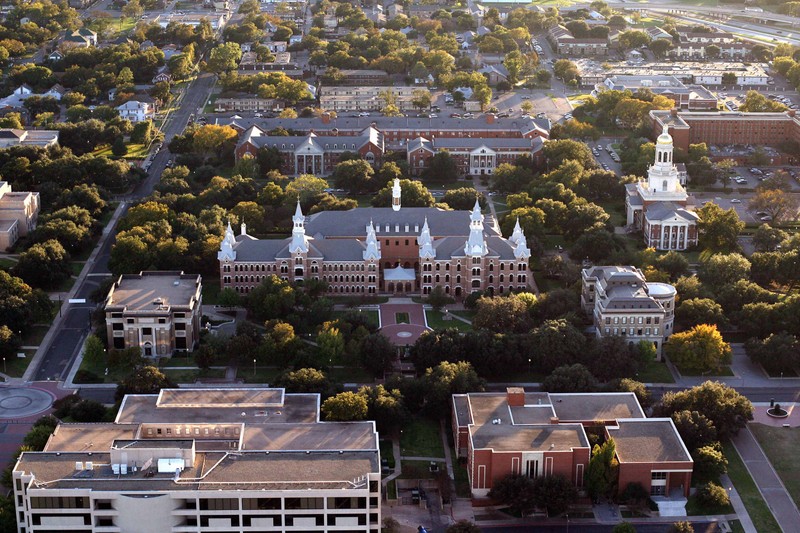 An aerial view of Old Main building in the Burleson Quadrangle at Baylor University