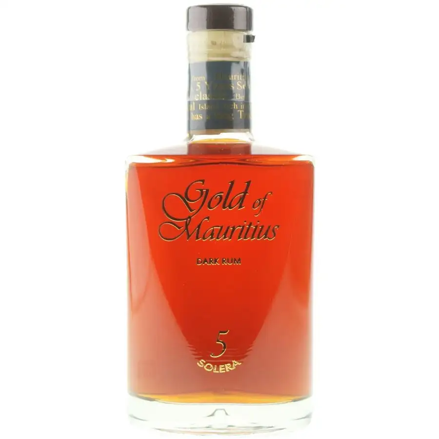 Image of the front of the bottle of the rum Gold of Mauritius Dark Rum 5 Solera