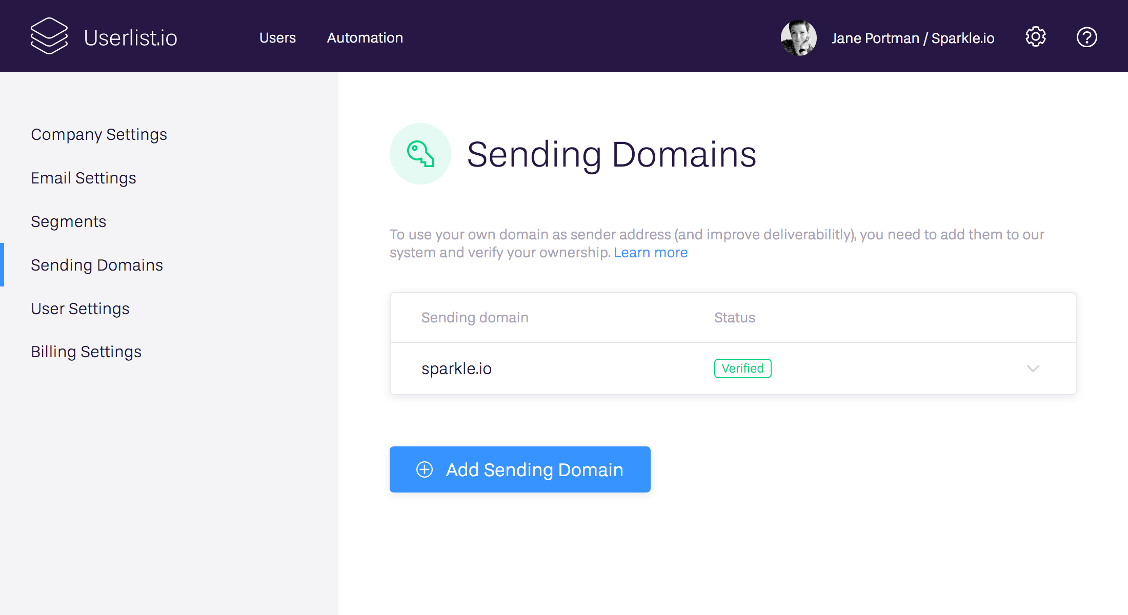 Email Settings and Sending Domains — Userlist