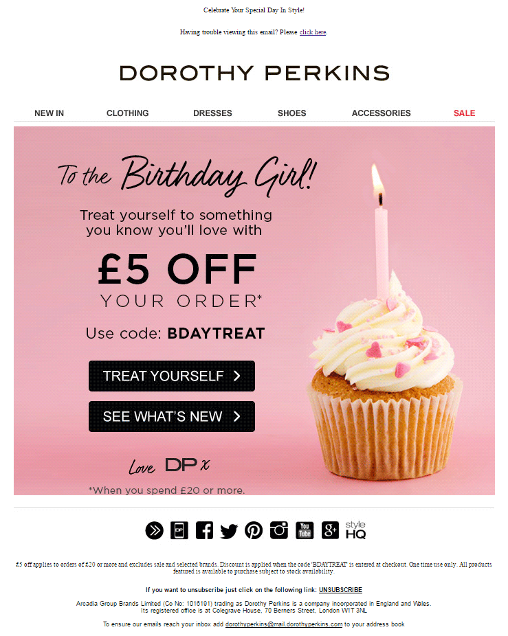 Video Email Marketing Tips: Dorothy Perkins birthday GIF showing a cupcake with a lit candle on top