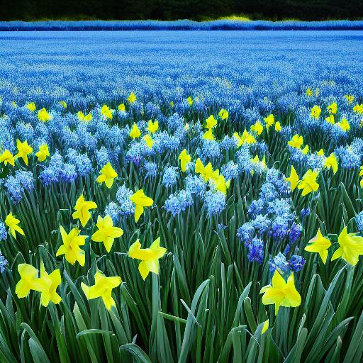 Daffodils in field of blue flowers