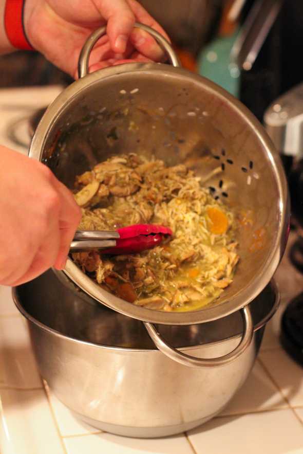 Straining the chicken