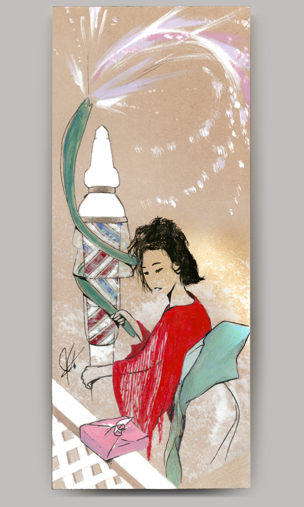 An acrylic painting on wood panel, titled 'Unagi', of a pantless woman with a red top holding the tail of an eel that is wrapping around a barber's pole. The eel is shooting fireworks from its mouth while the woman is looking at small box wrapped in a pink cloth.