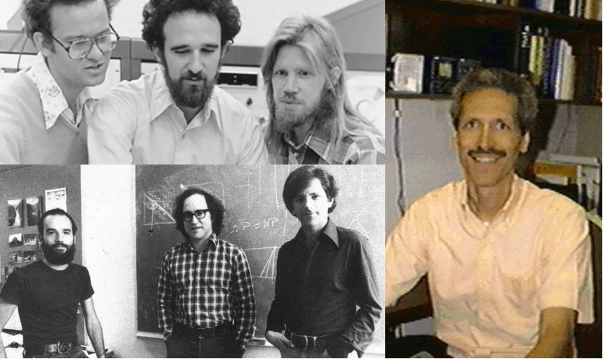 Top left: Ralph Merkle, Martin Hellman and Whit Diffie, who together came up in 1976 with the concept of public key encryption and a key exchange protocol. Bottom left: Adi Shamir, Ron Rivest, and Leonard Adleman who, following Diffie and Hellman’s paper, discovered the RSA function that can be used for public key encryption and digital signatures. Interestingly, one can see the equation \mathbf{P}=\mathbf{NP} on the blackboard behind them. Right: John Gill, who was the first person to suggest to Diffie and Hellman that they use modular exponentiation as an easy-to-compute but hard-to-invert function.