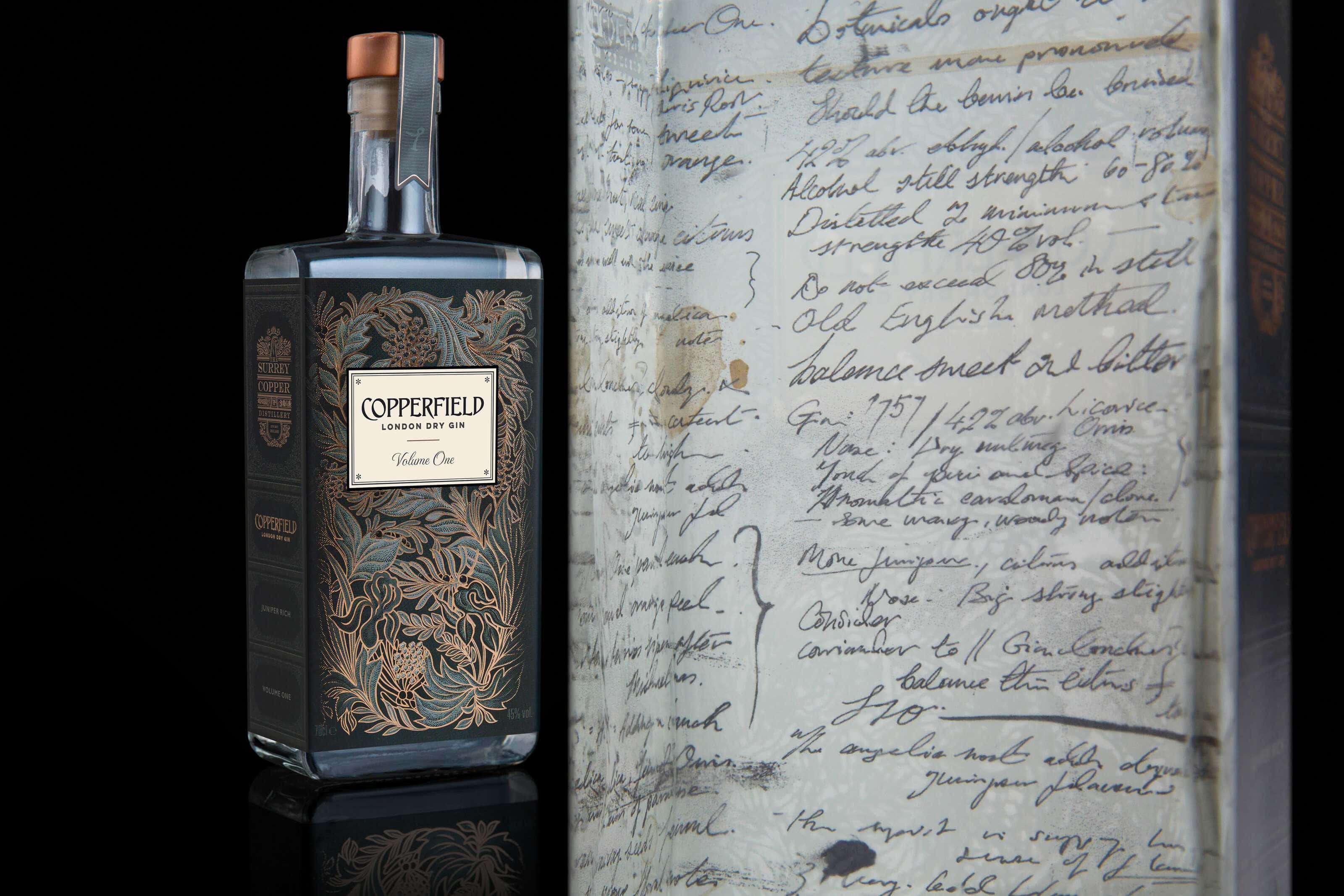 Copperfield sipping gin with notes of distillate on inside label