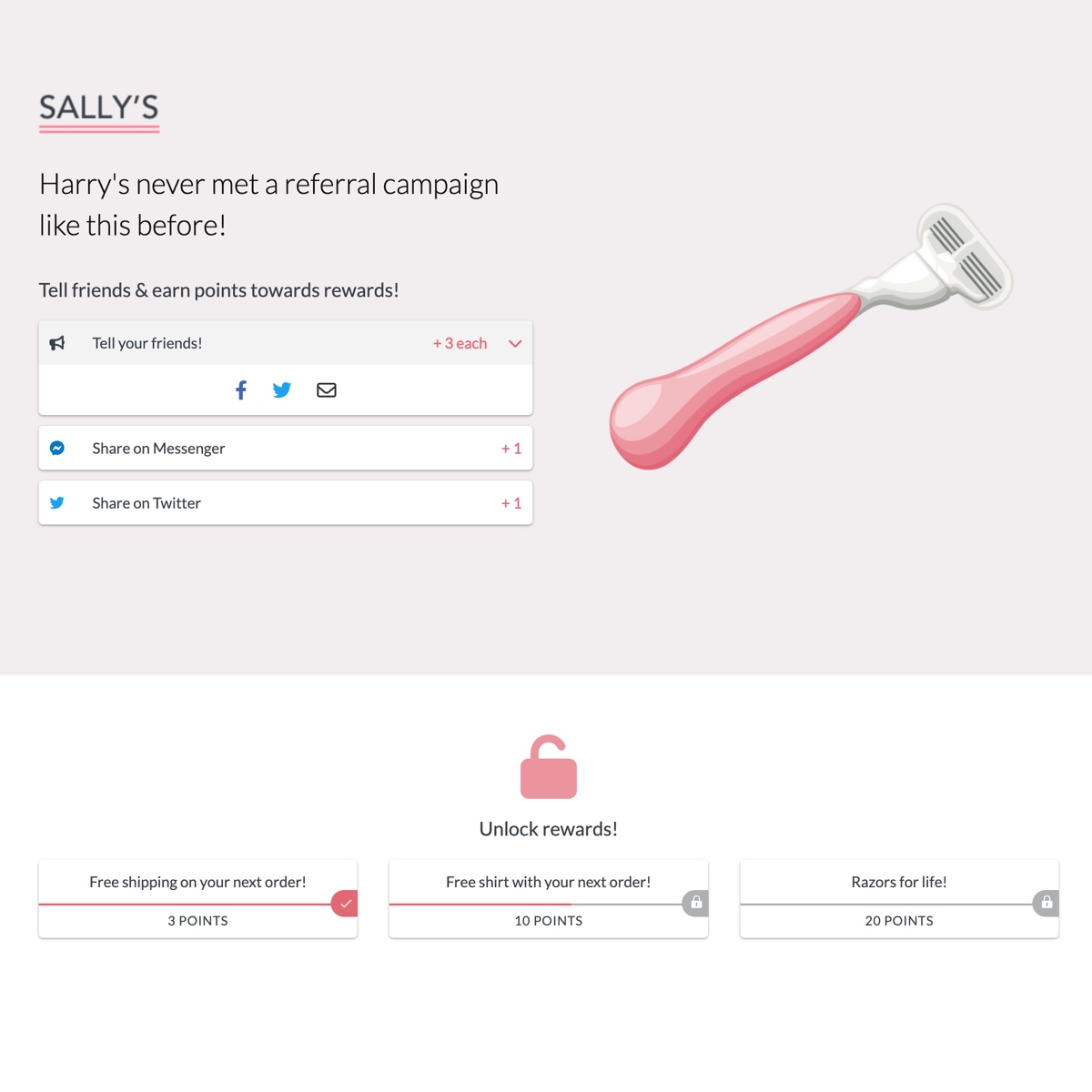 Sally's subscription waitlist campaign with milestone rewards