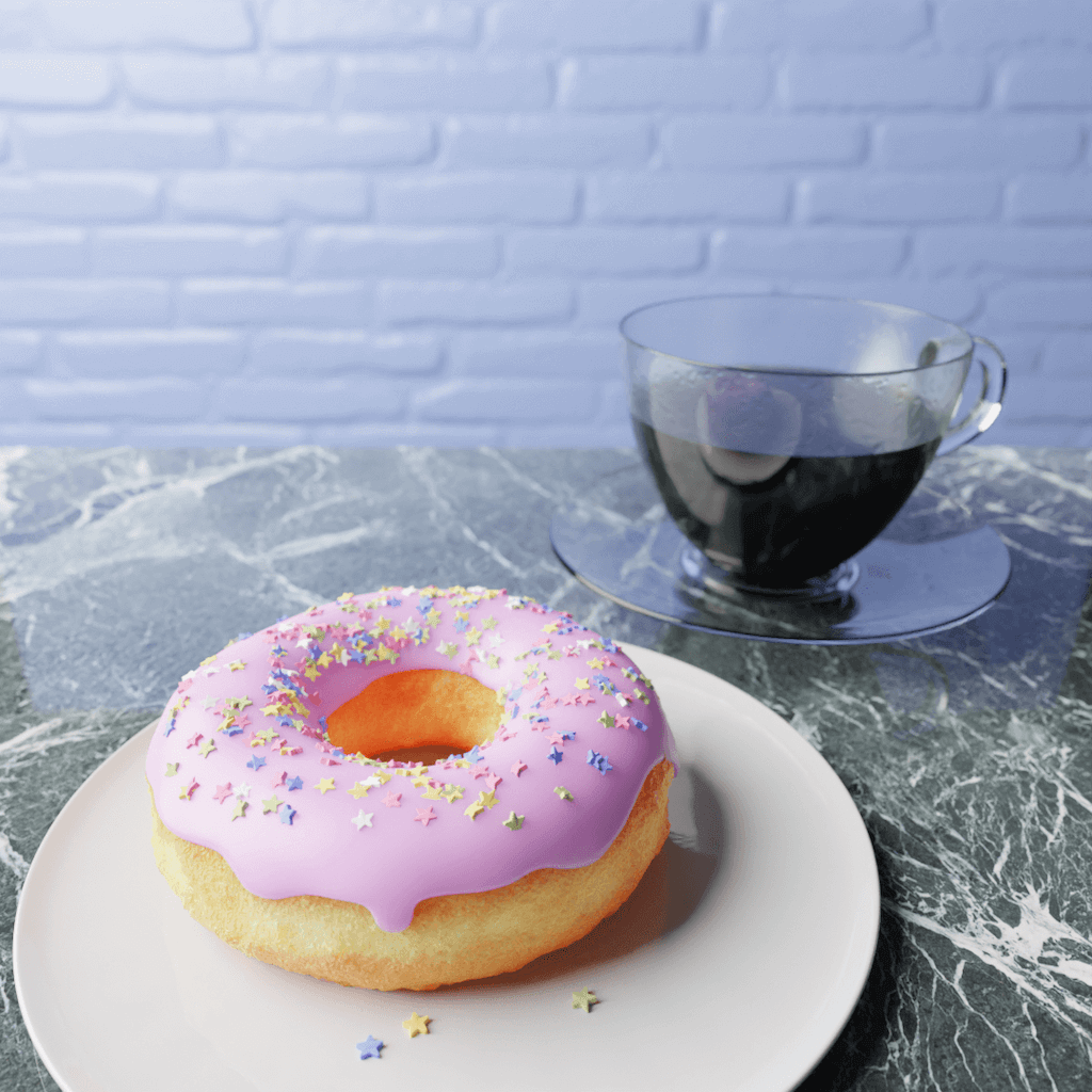 A 3D donut and coffee glass I made in Blender on a table in front of a stone wall.