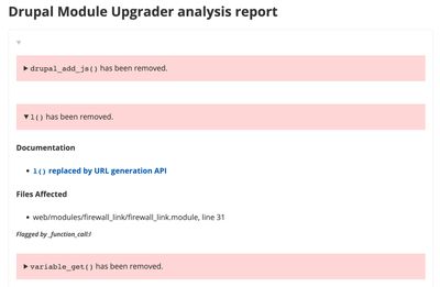 Module upgrader report for a custom Drupal 7 module.