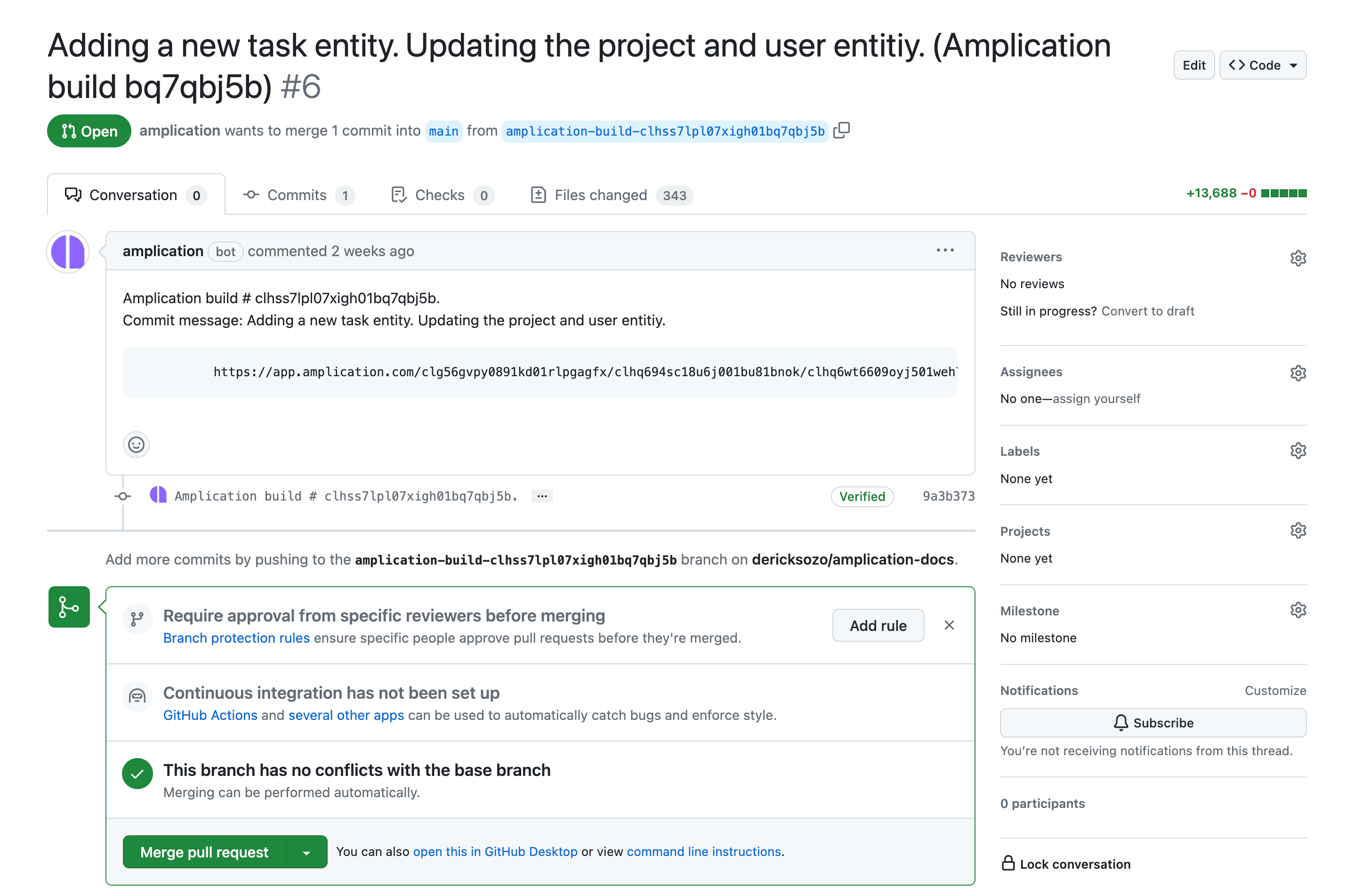 A pull request generated by Amplication on GitHub