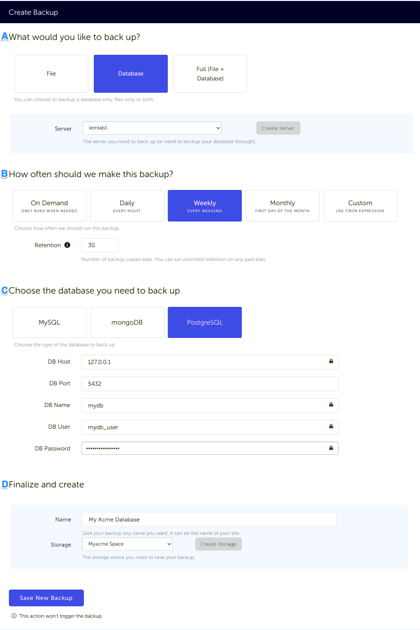 Configuration form, for a PostgreSQL database backup connected to your DigitalOcean space