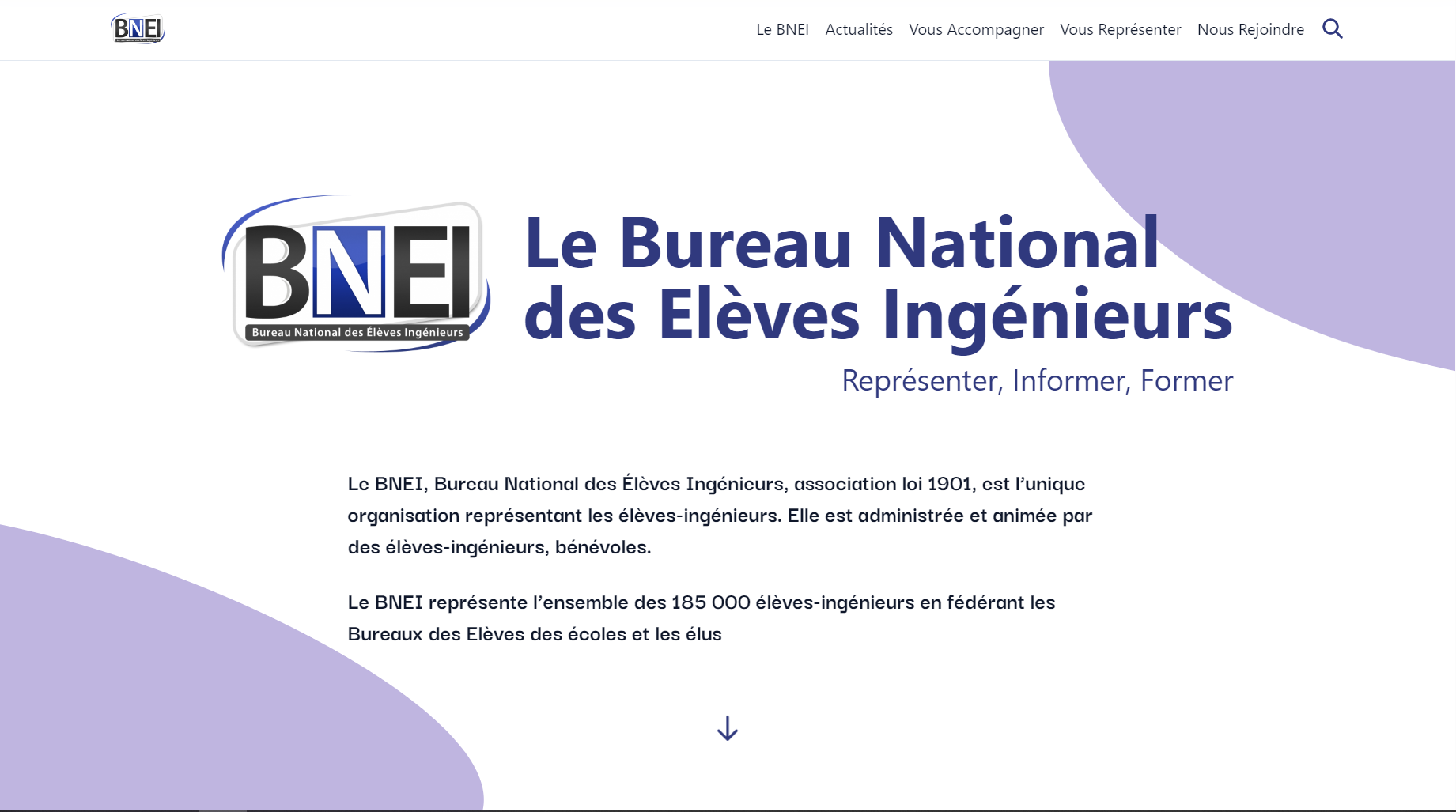 Capture d'écran de la page d'accueil de bnei.fr. On peut y voir un titre "Le Bureau National des Elèves Ingénieurs" et un sous titre "Représenter, Informer, Former"