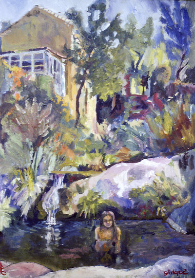 loose painting of young girl bathing with house behind