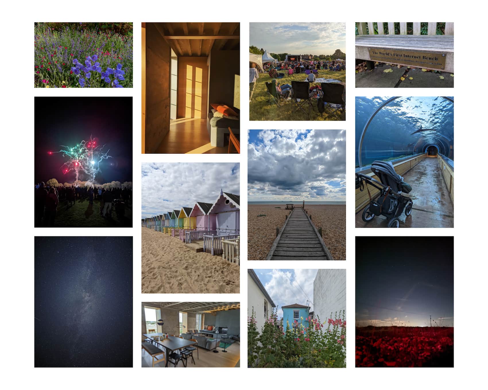 A collection of photos from adventures, including plants, fireworks, the night sky, pastel beach huts, modern interiors, a festival, sealion tunnel, and seaside.