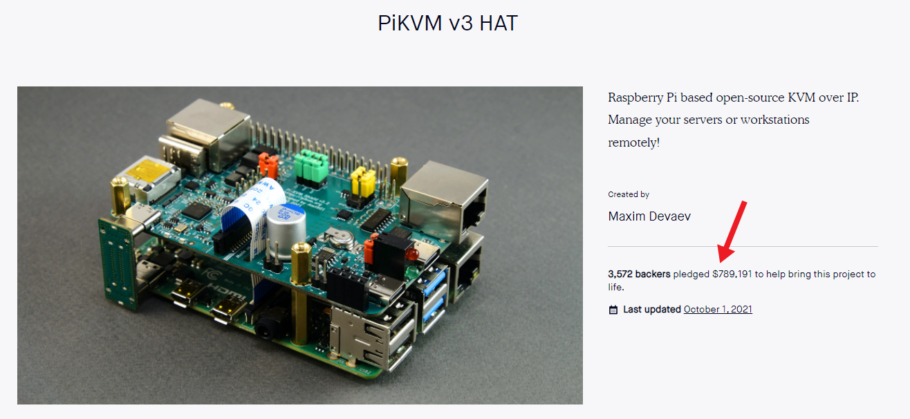 Screenshot of PiKVM Kickstarter, showing $789,191 in funds raised