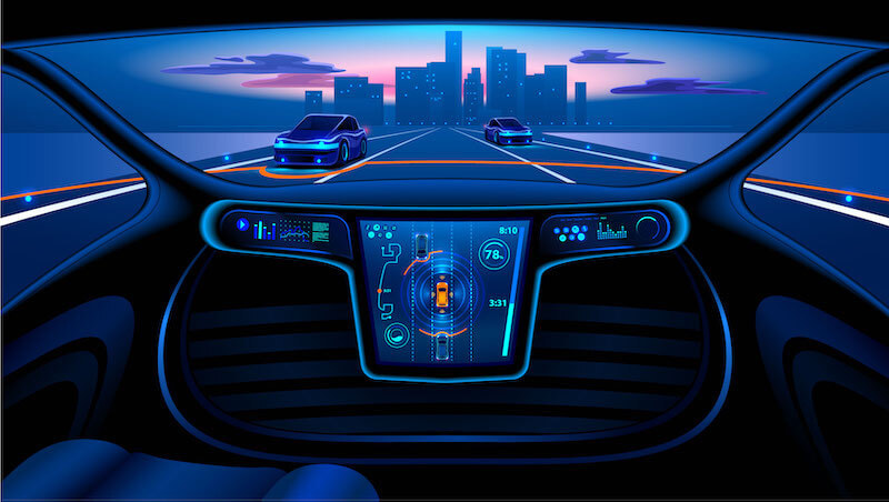 A front view of an animated car render displaying navigation through a dark colored city.