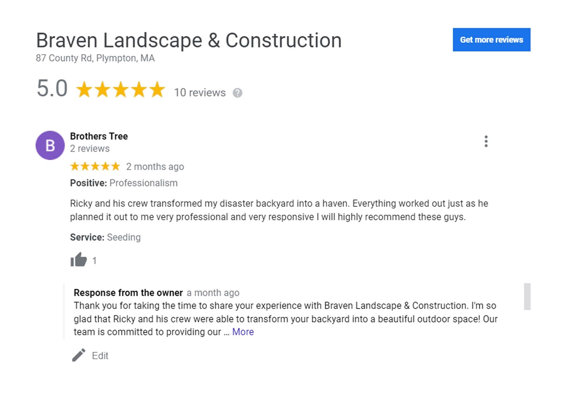 5-star patio review on Google for Braven Landscape & Construction