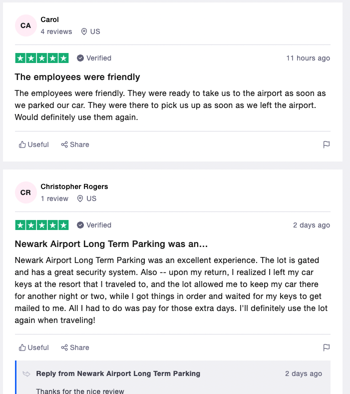 2 five star reviews with detailed comments regarding the car park