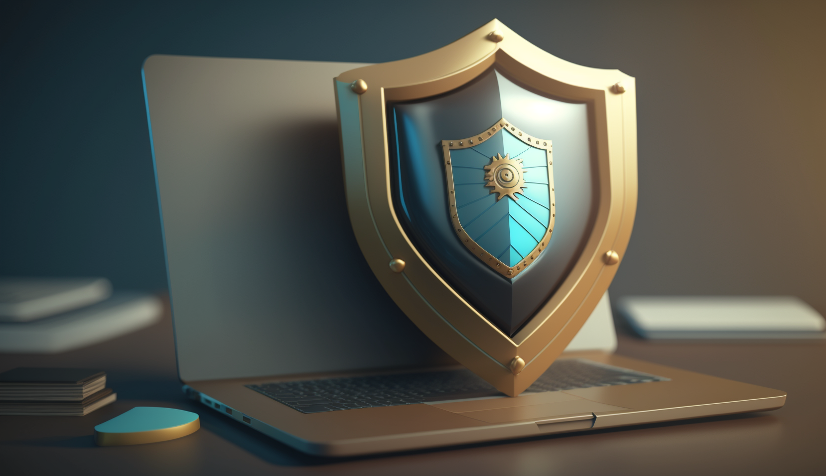 A 3D animated image featuring a shield protecting a laptop displaying a graduation cap, symbolizing the protection of student data in the education industry.