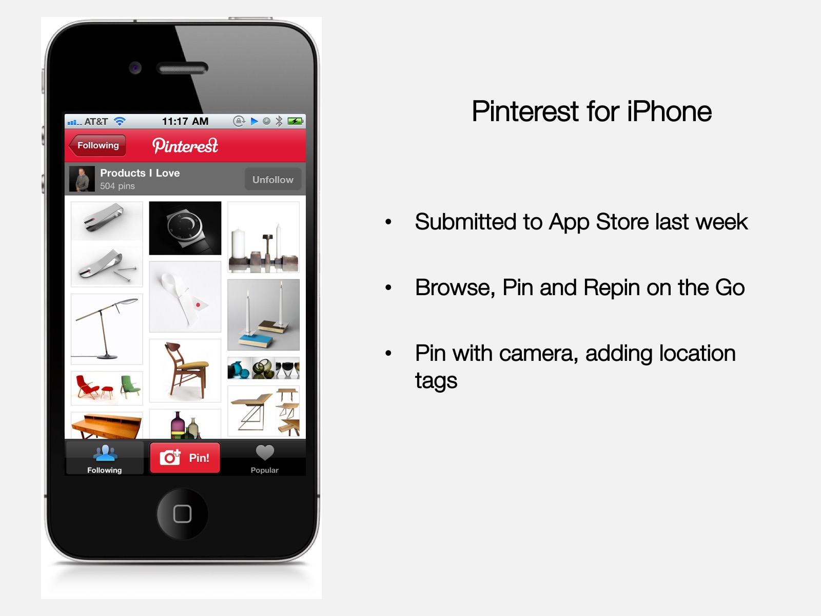Mobile app slide from Pinterest pitch deck