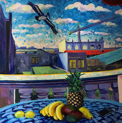 panel 2 of 3 of a striking still life painting on Cuba balcony which features fruit bowl and tropical bird