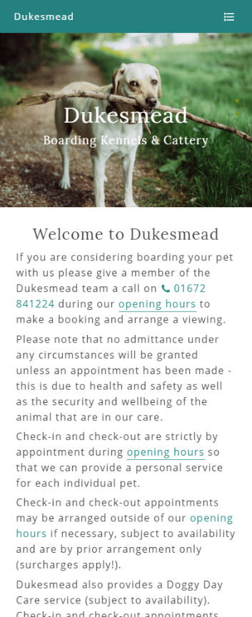 Dukesmead Boarding Kennels & Cattery website frontpage on a mobile