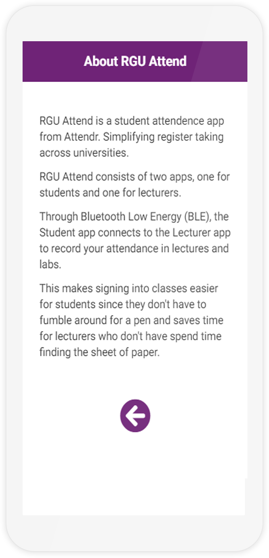 The About page of the Attendr mobile demo