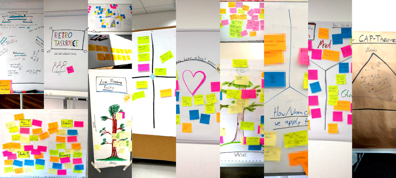 A photocollage of the retro results of a few retros. Lots of colorful post its on flipcharts with drawings on them