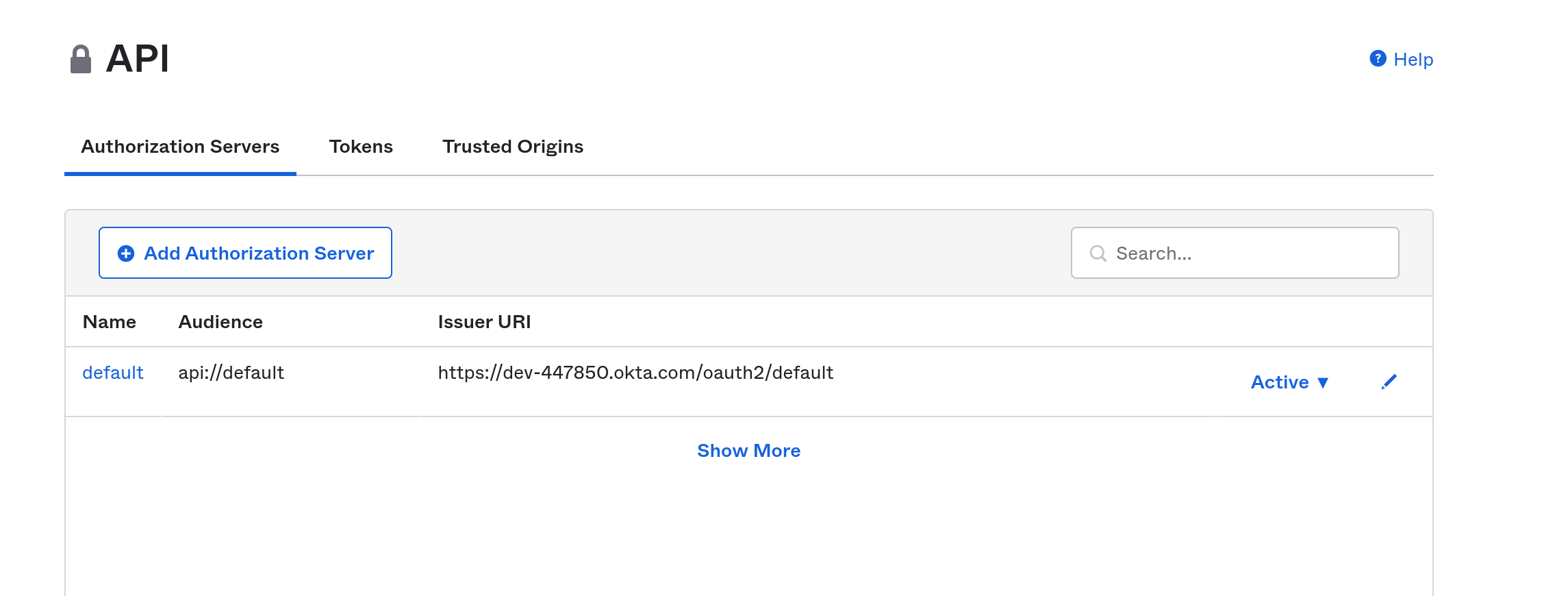 Okta Dashboard Authorization Servers screenshot