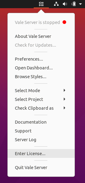 A screenshot of Vale Server's 'Enter License' option.
