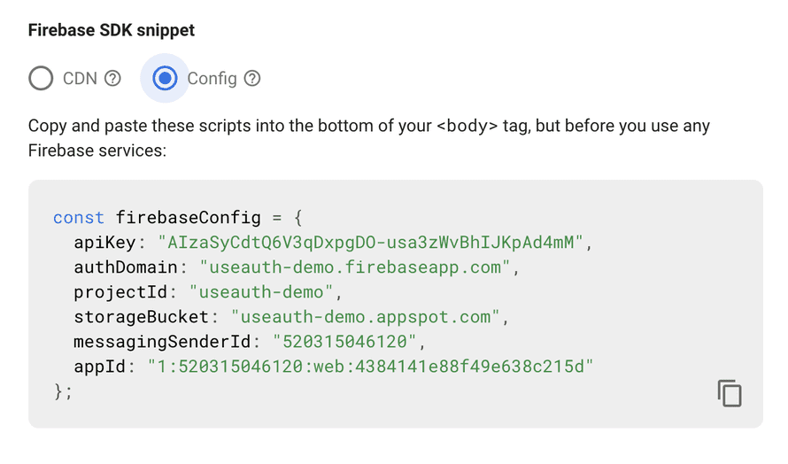Firebase Config in dashboard