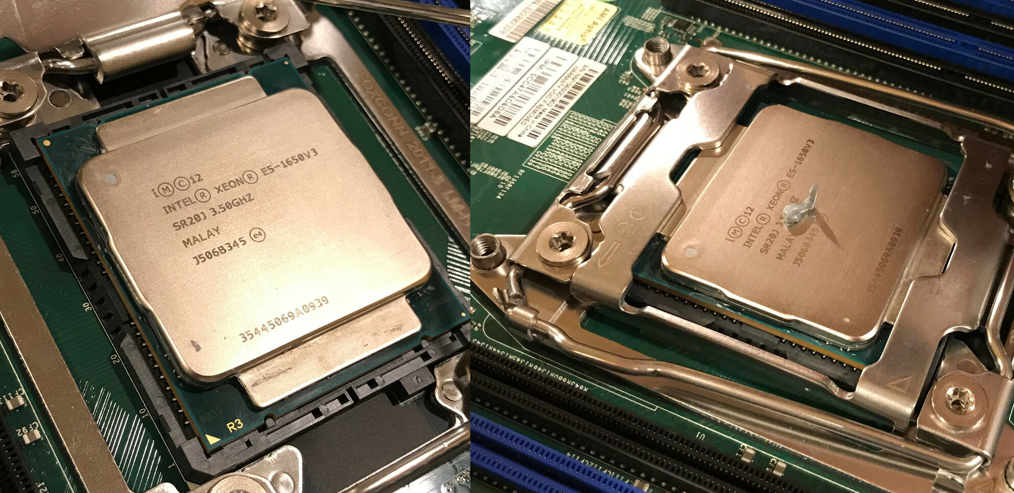 Side by side photo of the CPU in its socket, and the CPU with thermal paste applied.